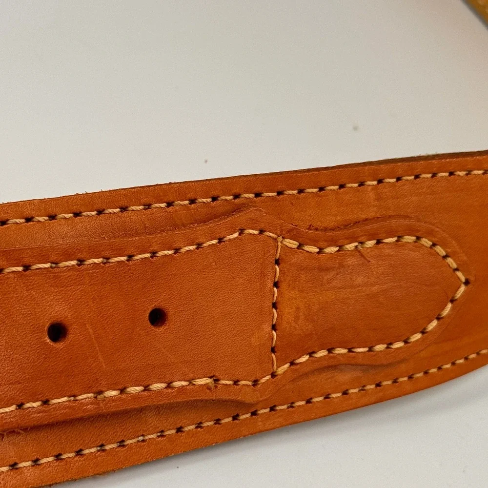 Lifting Workout Rugged Tan Leather Belt Wide Silver Roller Buckle 48 Fitness